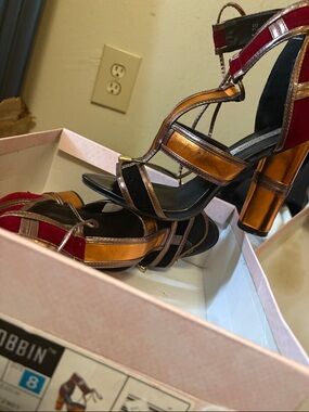 Cape Robbin Red and Gold Metallic Strappy High Heel Sandals